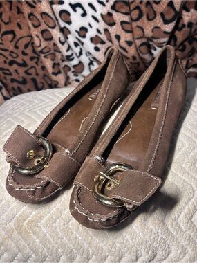 Nine West Brown Suede Loafers with Gold Buckle